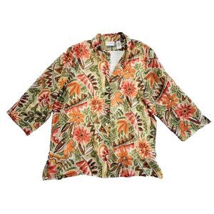 Alfred Dunner Top Women's 18 Green Orange Floral Fall Leaves Button 2 Piece Set